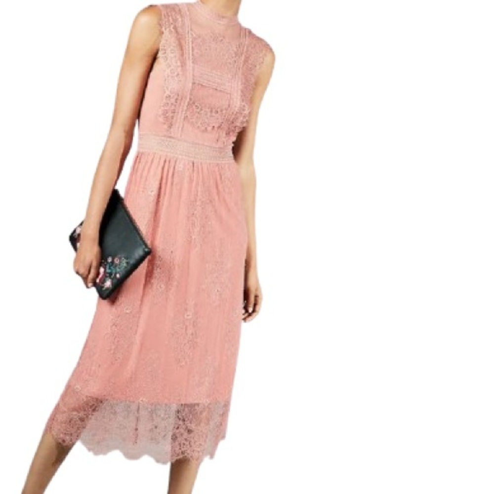 Express Lace Dress Blush Peach pink Sleeveless Mock Neck Sheer Overlay Size M